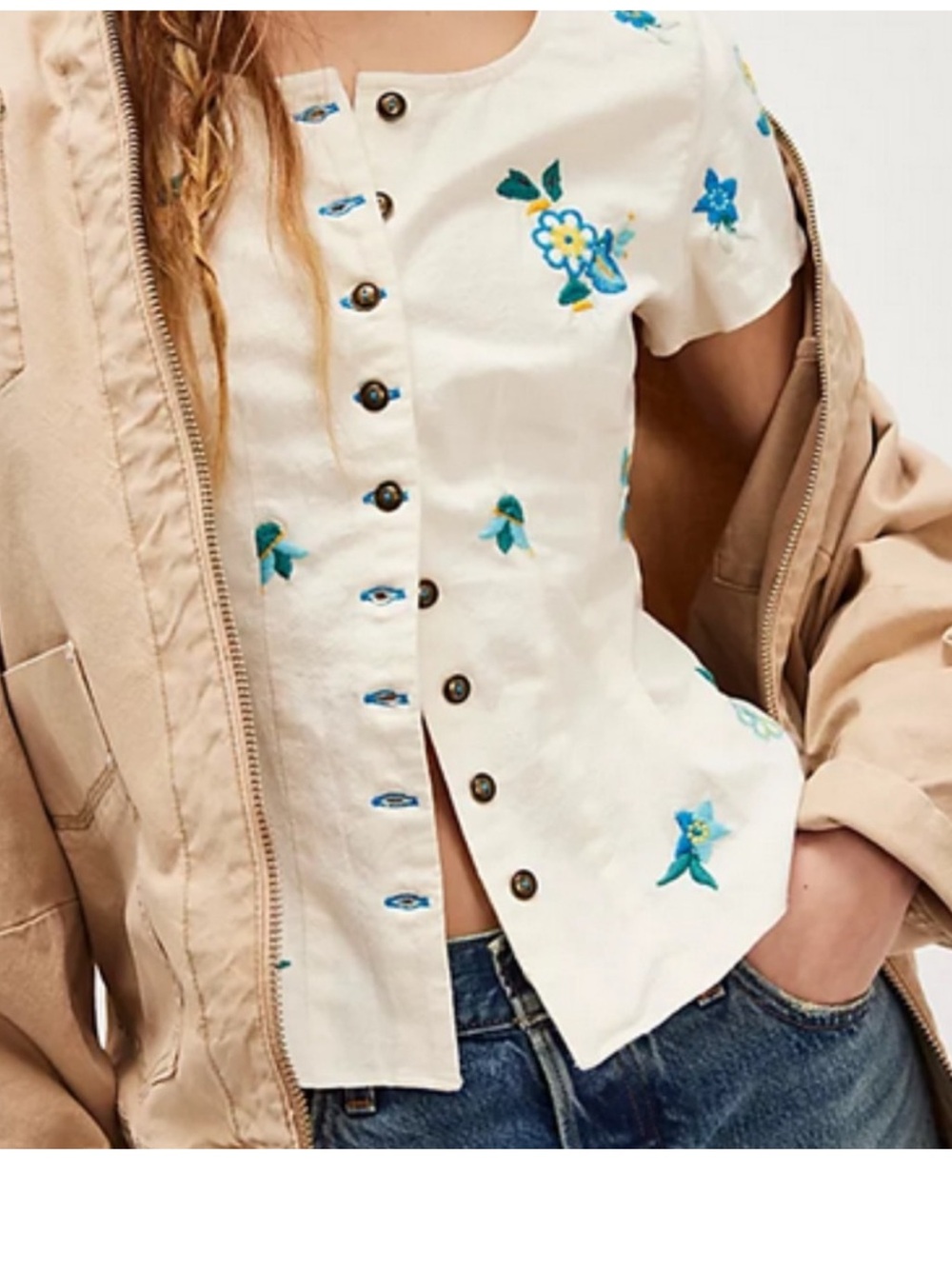 Free People Kelly  embroidered short sleeve button down Ivory top size XS